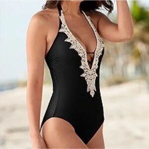 Kona Sol Plunge Front Crochet Detail One-Piece Halter Swimsuit, Black, M, NWT